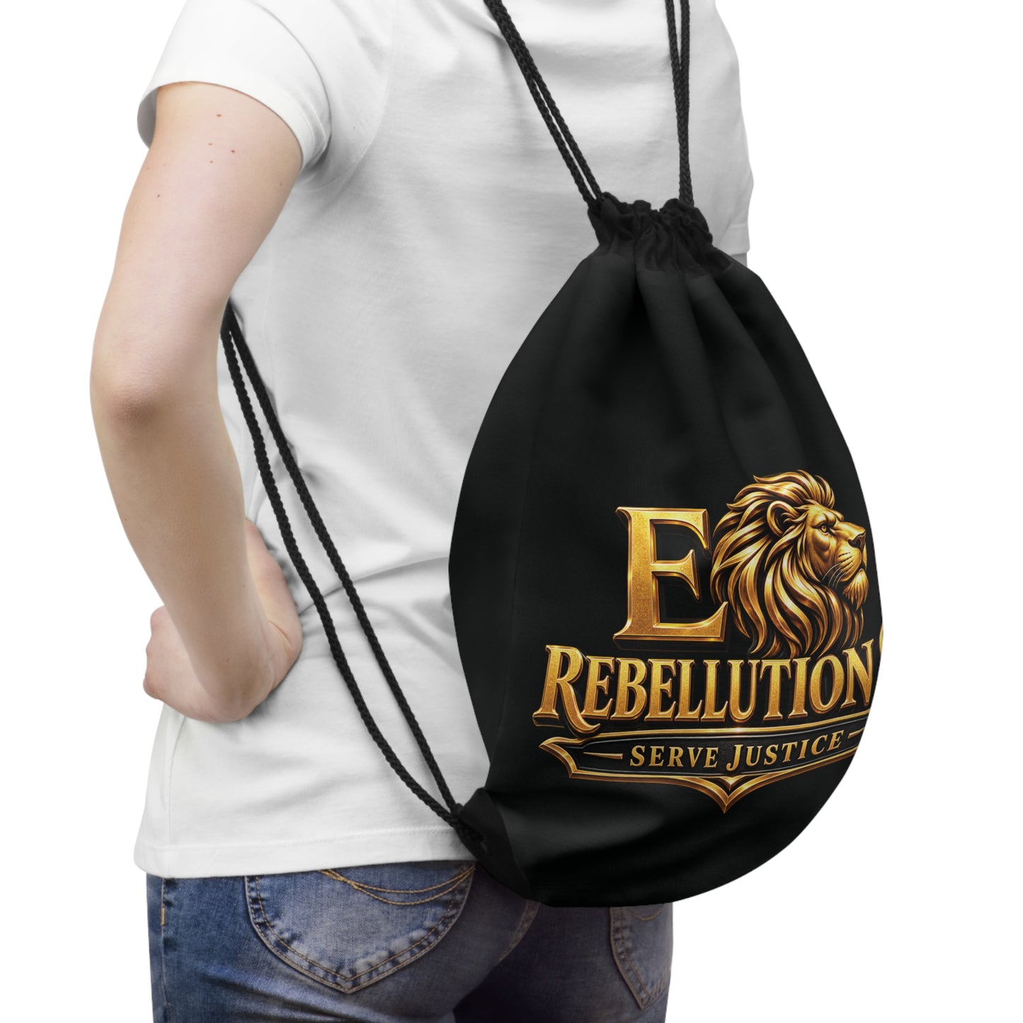 Rebellution SJ Gold Lion Drawstring Bag — 'Serve Justice' Logo Gym Sack