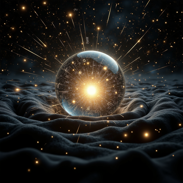 Serene landscape of a body of water reflecting the golden glow of a sunrise, with fluffy clouds and a radiant light peeking through the gap, script fonts reading In The Beginning Thought Came Before Action.