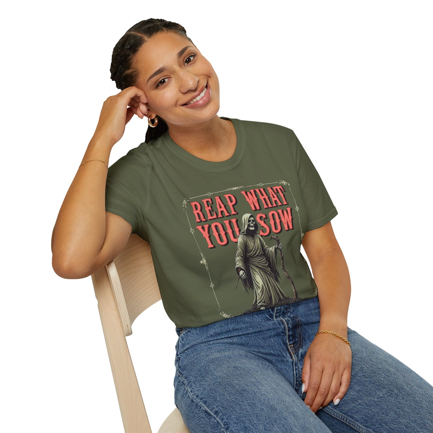 Reap What You Sow Reaper Tee — Vintage Green Scythe Design