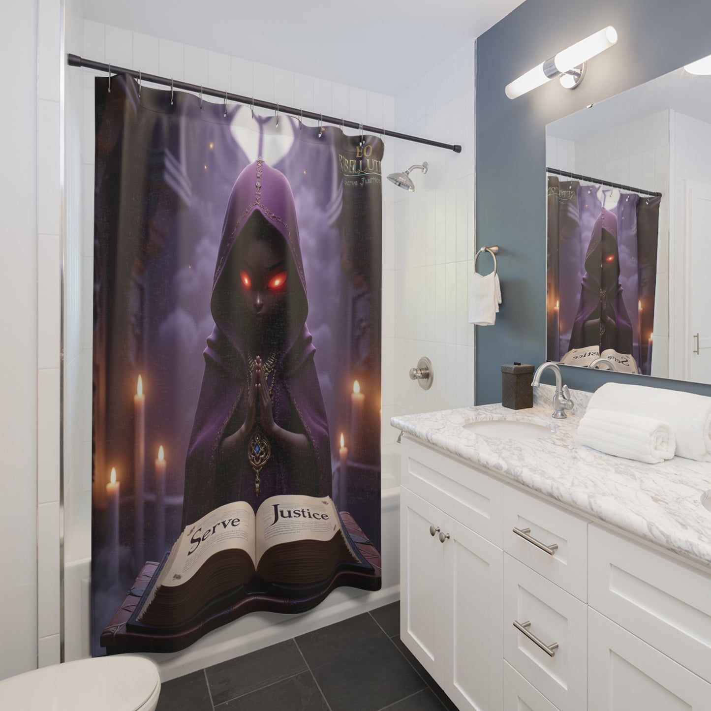 The Arbiter's Gaze Shower Curtain — "Serve Justice"