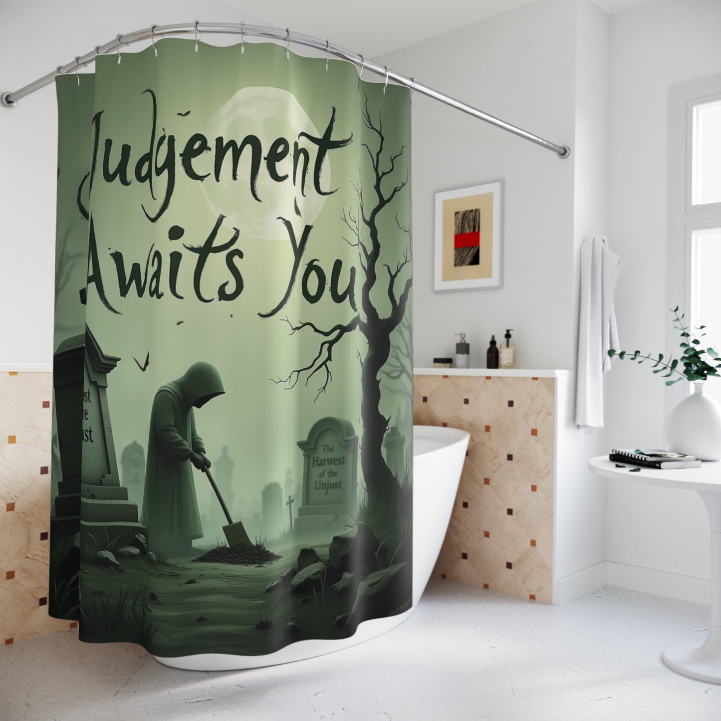The Harvester's Work Shower Curtain — "Judgment Awaits You"