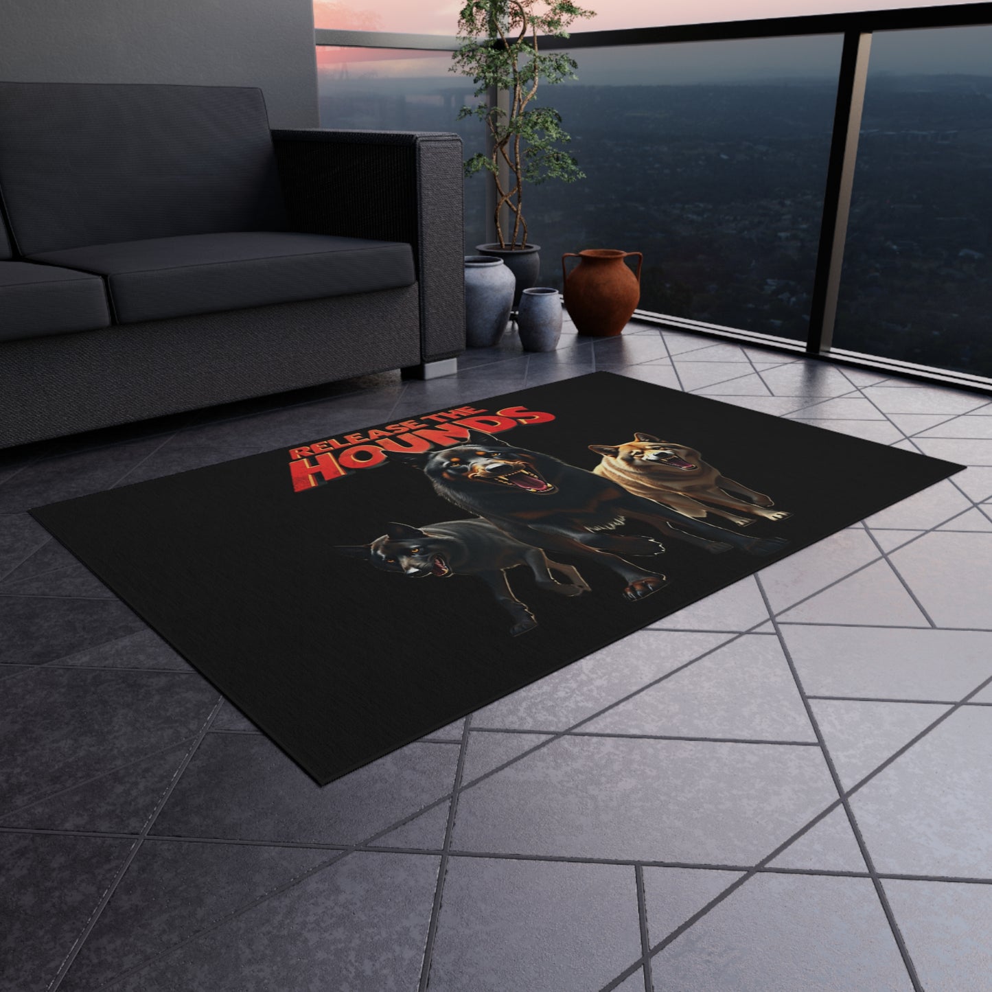 The Unleashed Guardians Outdoor Rug — "Release the Hounds"