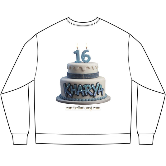 Sweet Sixteen 16th Birthday Long Sleeve Tee — Personalized Name Cake Design