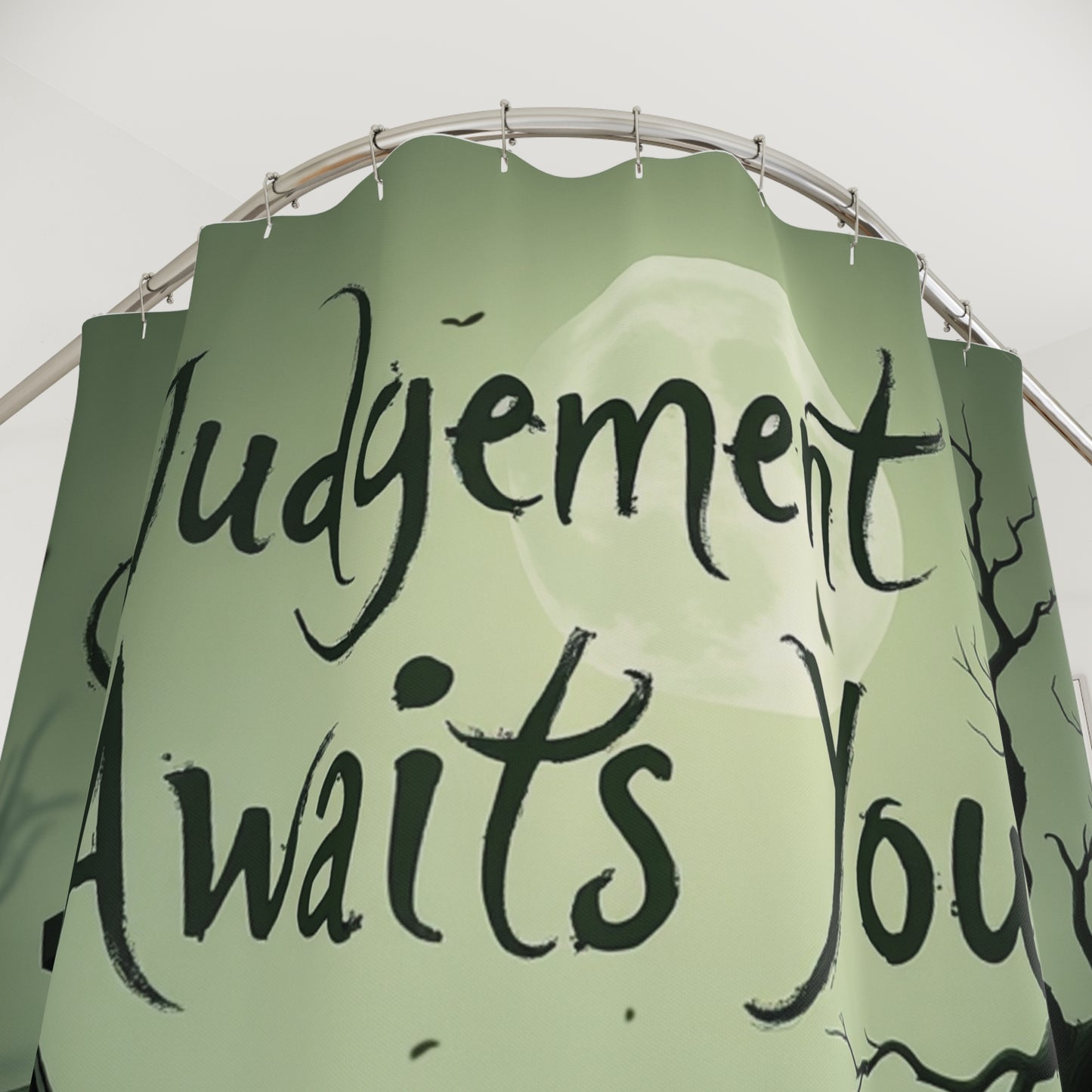 The Harvester's Work Shower Curtain — "Judgment Awaits You"