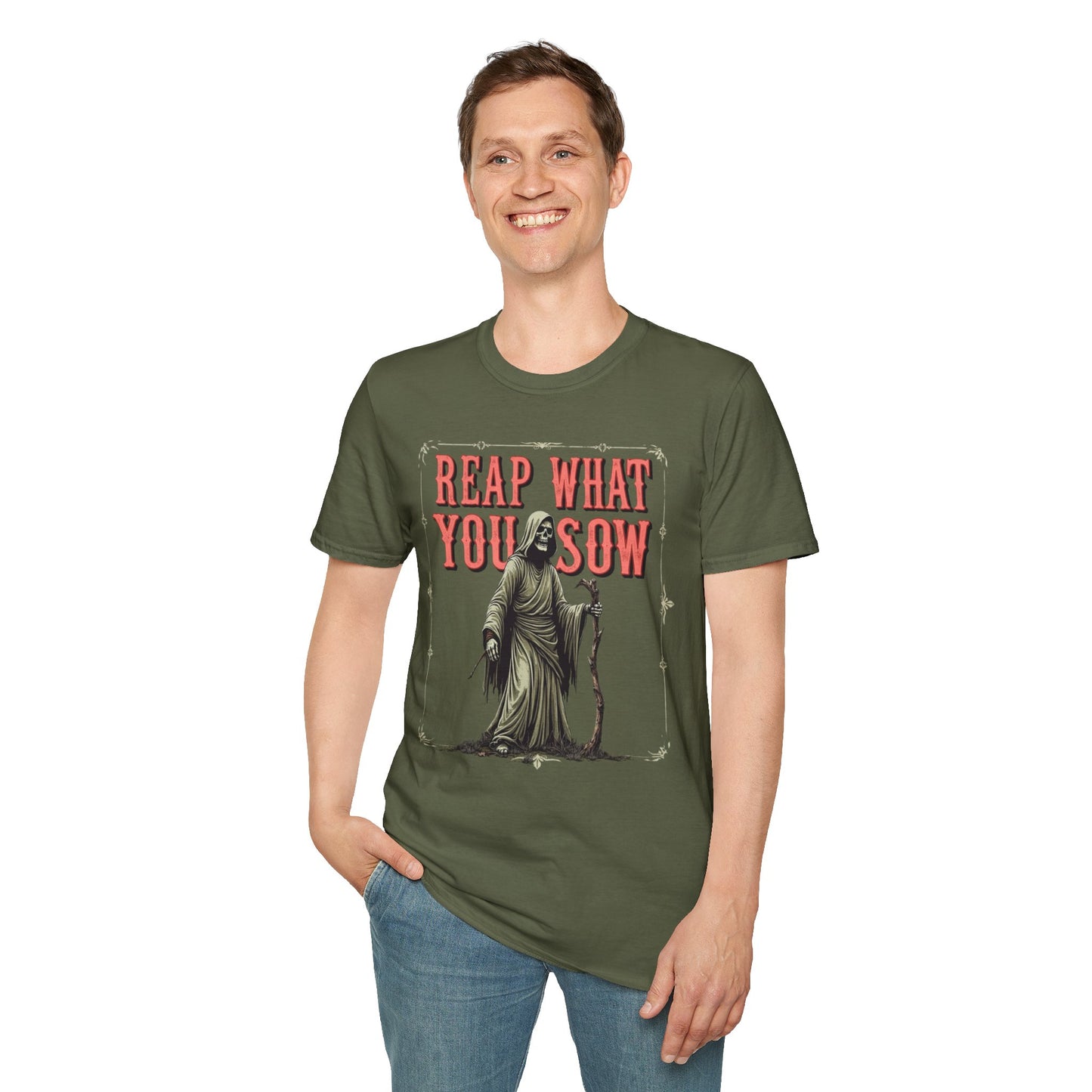 Reap What You Sow Reaper Tee — Vintage Green Scythe Design