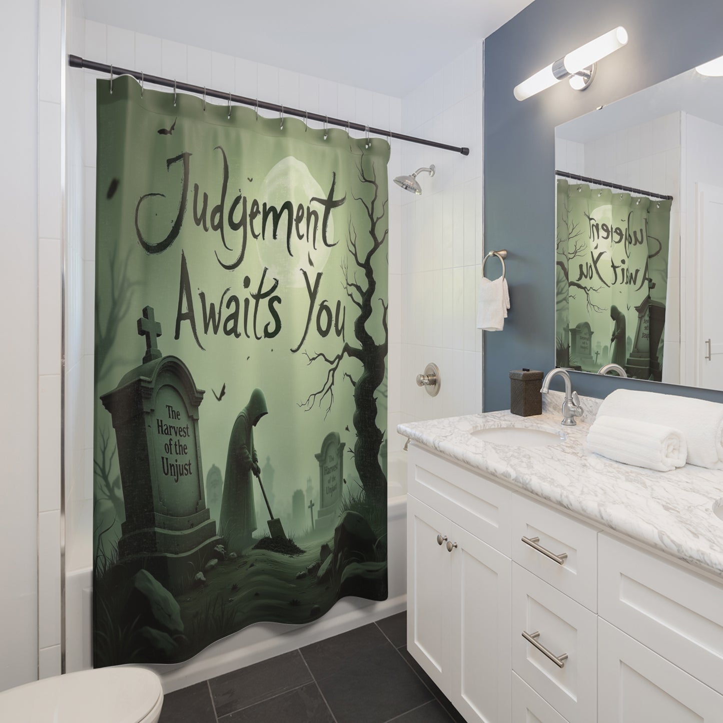 The Harvester's Work Shower Curtain — "Judgment Awaits You"