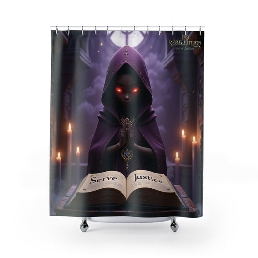 The Arbiter's Gaze Shower Curtain — "Serve Justice"