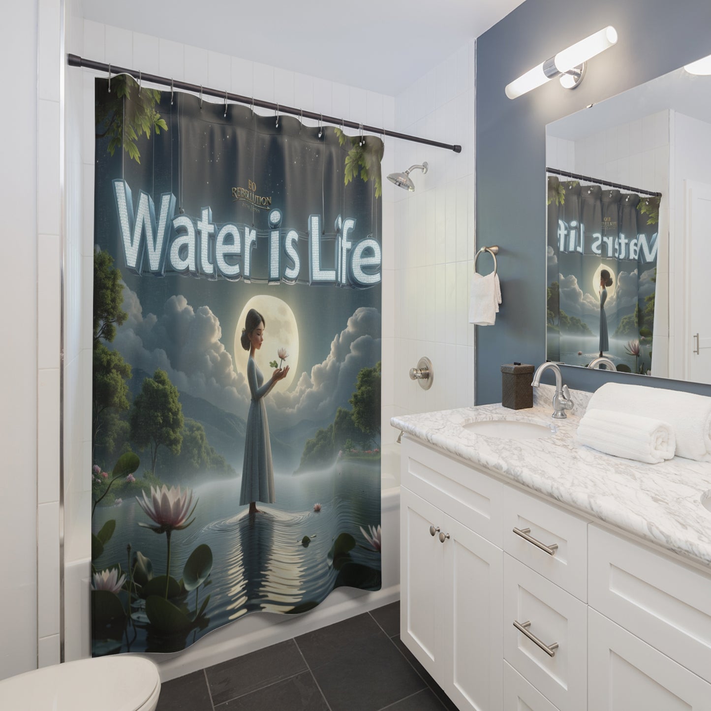 The Water's Reflection Shower Curtain — "Water is Life"