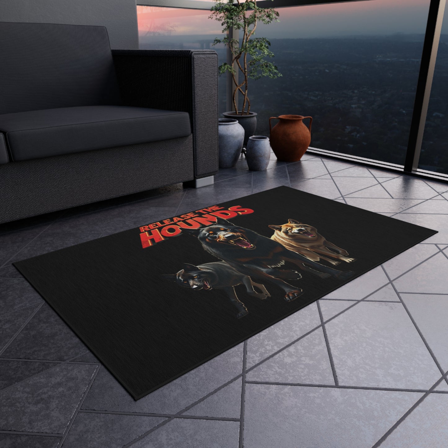 The Unleashed Guardians Outdoor Rug — "Release the Hounds"