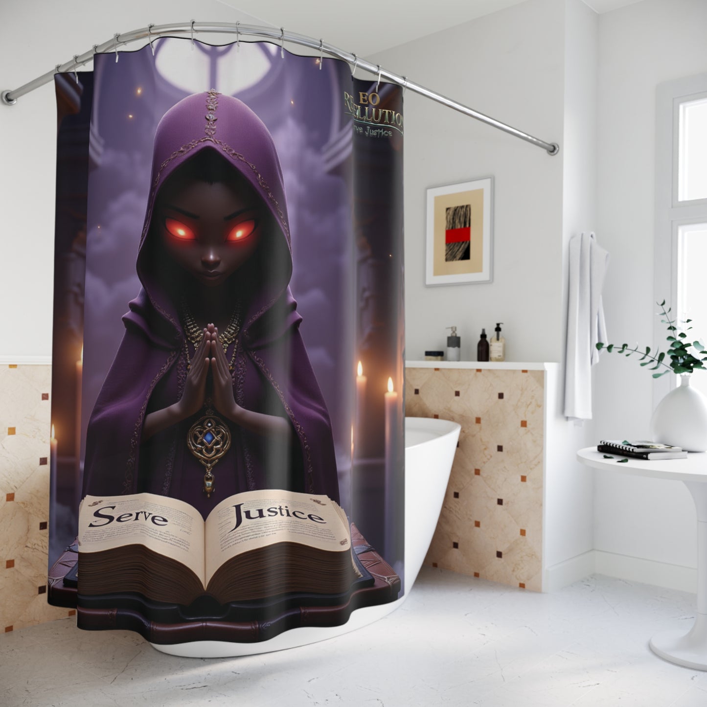 The Arbiter's Gaze Shower Curtain — "Serve Justice"