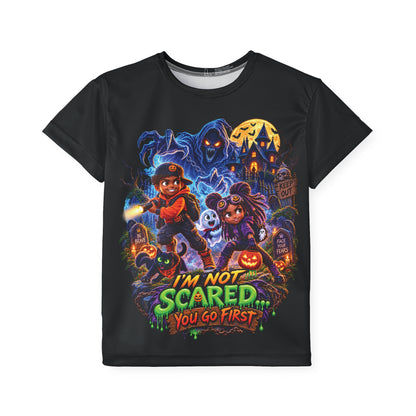 Kids Halloween Jersey — "I'm Not Scared, You Go First" Graphic Tee